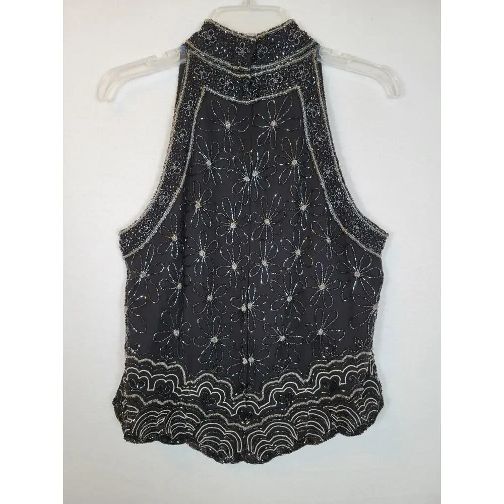 Adrianna Papell Womens Flower Silk Beaded Top Size Large Black Evening Formal - Picture 10 of 10